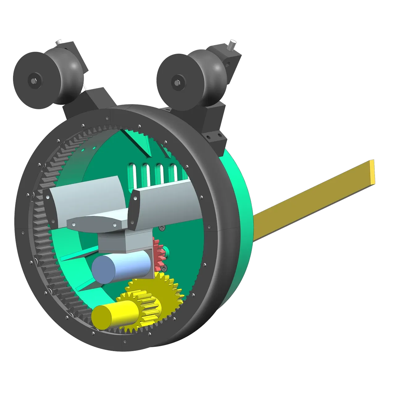 Three-quarter view of the robot showing the gears inside the drive wheel